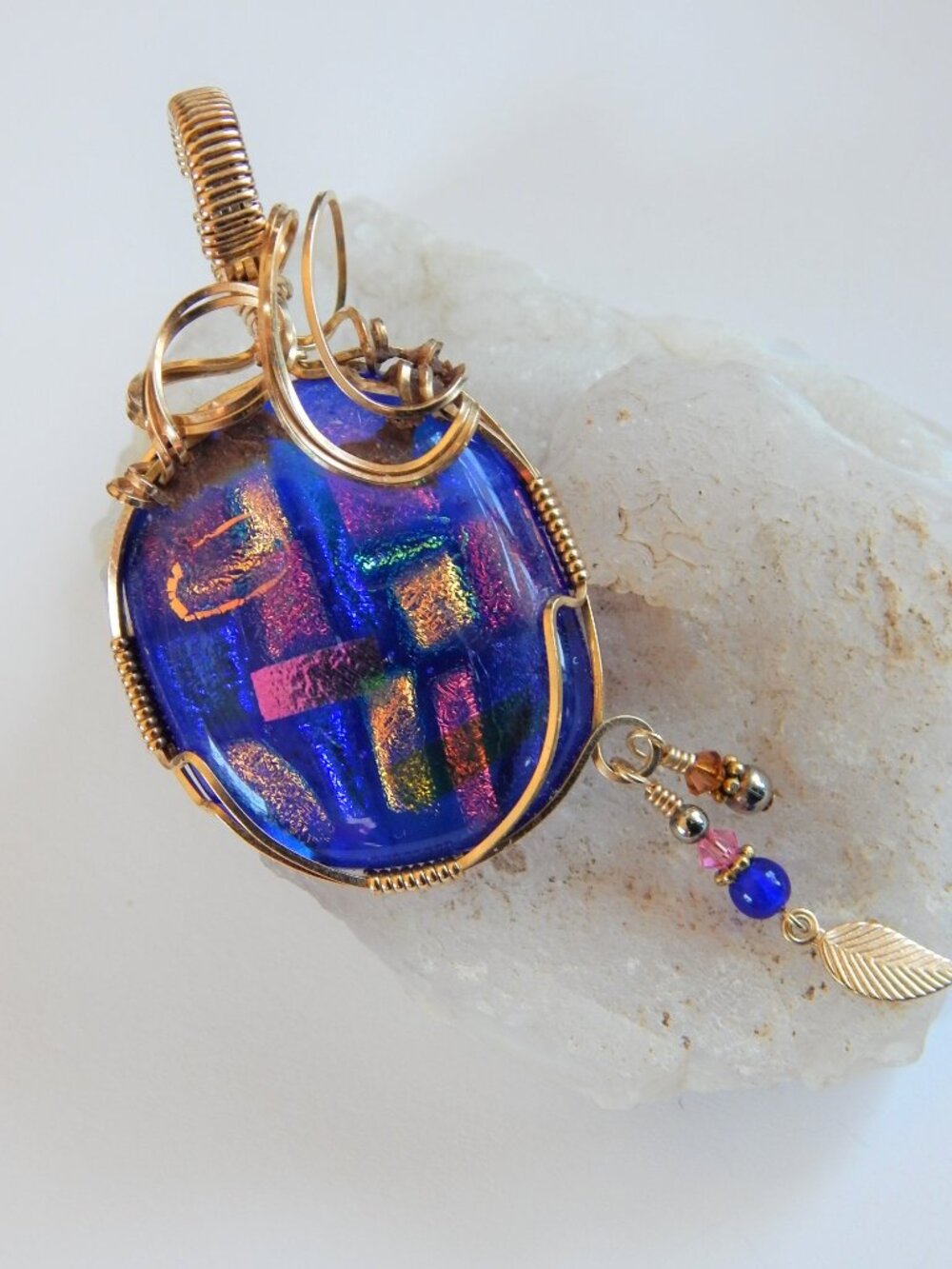 Fused Dichroic Glass Pendant - 14K GF Wire Wrapped- Swarovski Crystals